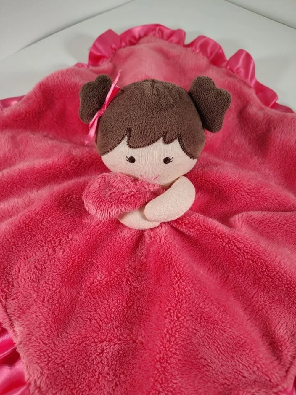 Carters Pink Doll Lovey Brown Hair Girl Satin Security Blanket Rattle Brunette